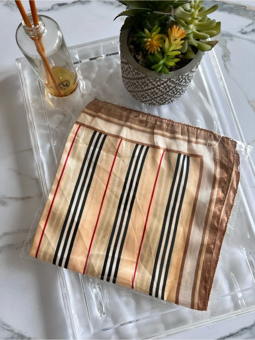 Silky-feel Striped Neck Scarf - Beige and Brown